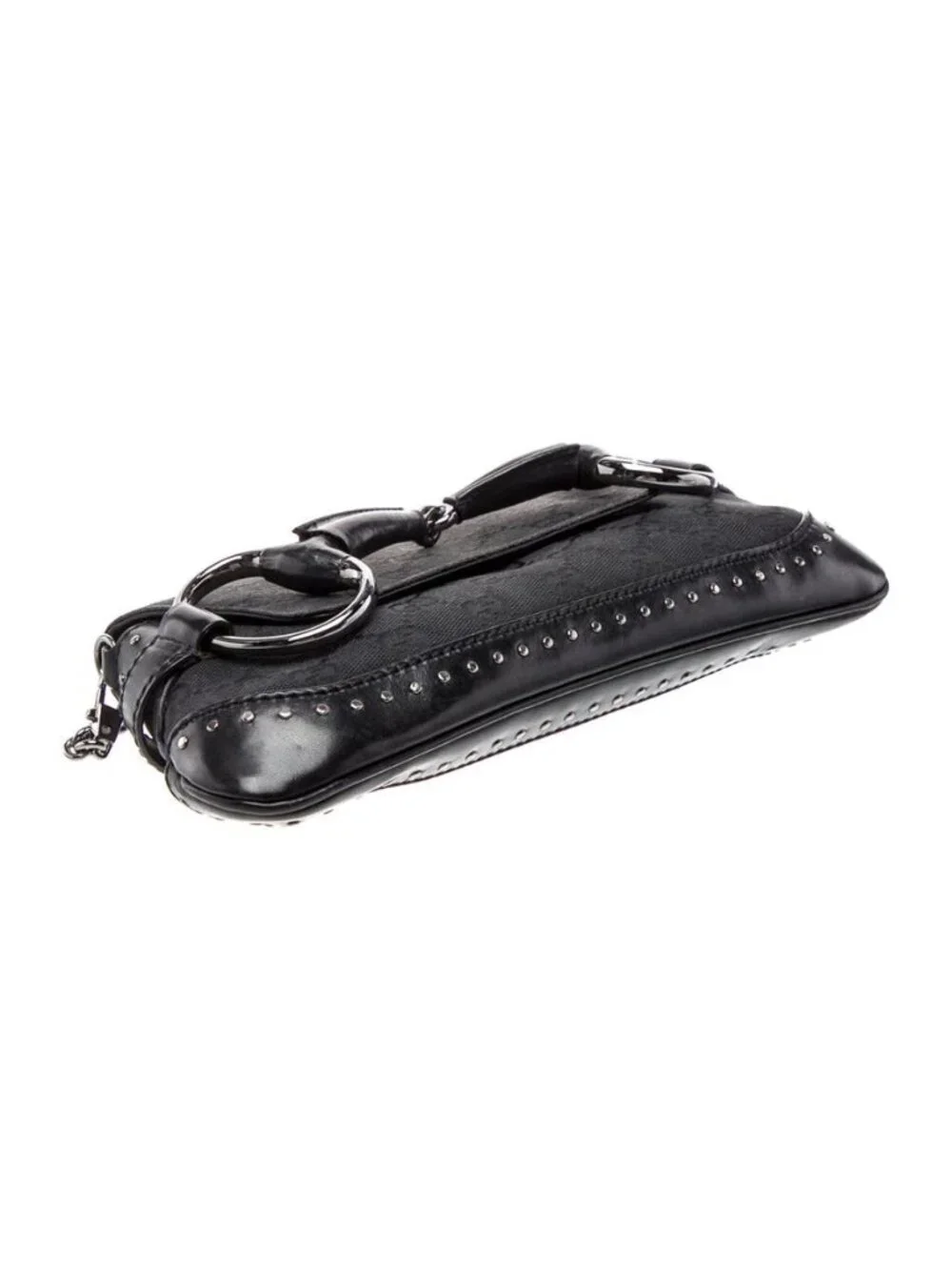 Gucci GG Canvas Horsebit Chain Small Black Shoulder Bag Silver Studded, LUX